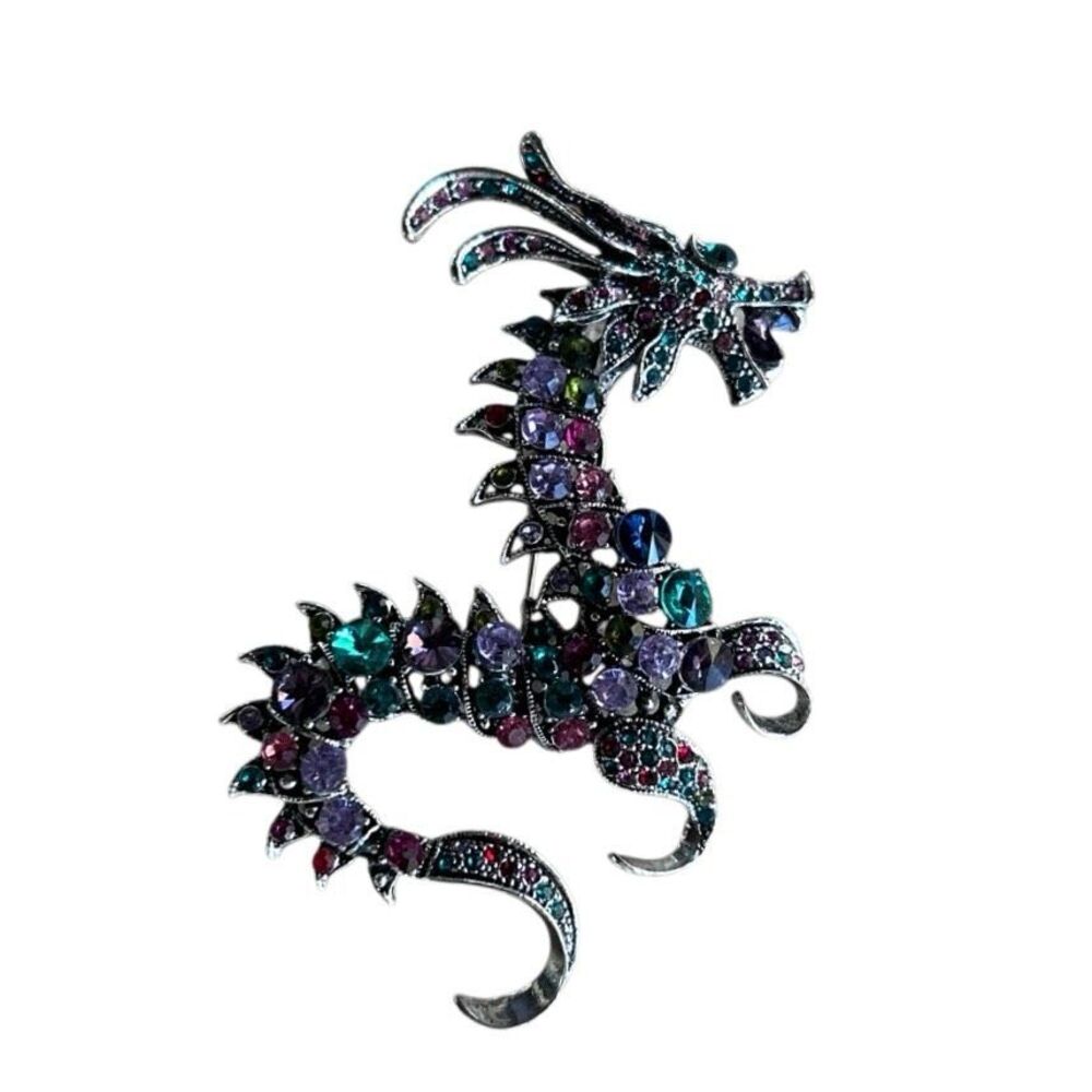 Vtg-style Chinese Dragon Statement Brooch Pin Multicolor Rhinestone Embellished